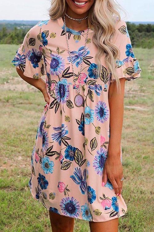 Moxidress Crewneck Short Sleeve Floral Printed Flowy Dress PM1108 Pink / S Official JT Merch