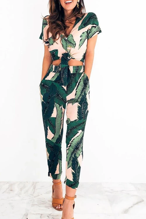 Moxidress Short Sleeve Crop Top and Pants Leaves Printed Outfits PM1108 Green / S Official JT Merch