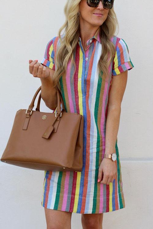 Moxidress Rainbow Stripes Short Sleeve Cotton Linen Dress PM1108 Multicolor / S Official JT Merch