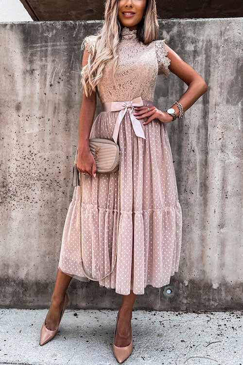 Moxidress Fashion Style Mockneck Sleeveless Lace Swing Dress PM1108 Pink / S Official JT Merch