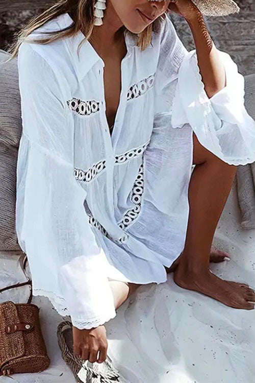 Moxidress Long Sleeve Beach Lace Shirt Dress PM1108 White / OneSize Official JT Merch