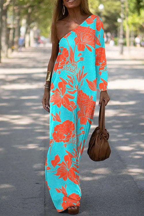 Moxidress One Shoulder Long Sleeve Floral Printed Maxi Holiday Dress PM1108 Orange / S Official JT Merch