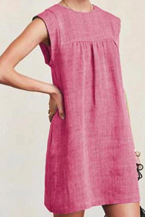 Moxidress Ruched Short Sleeve Cotton Linen Babydoll Dress PM1108 Pink / S Official JT Merch