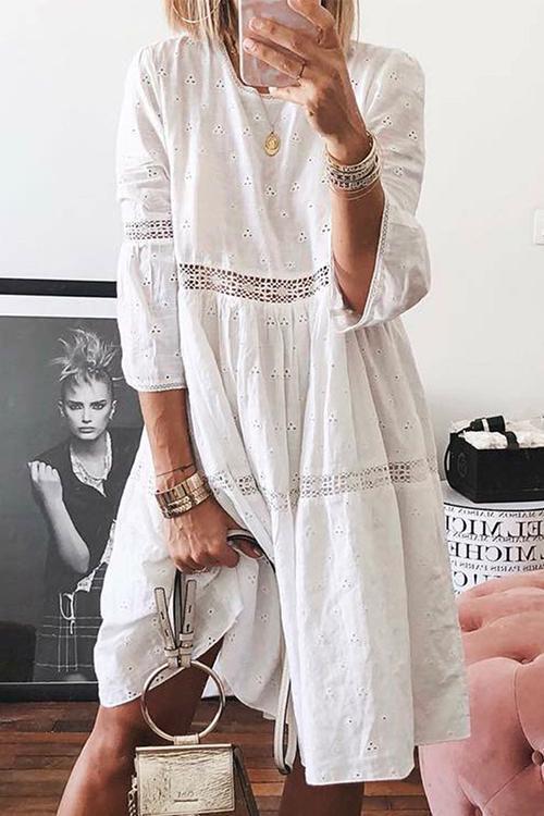 Moxidress 3/4 Sleeve Hollow Out Casual Babydoll Dress PM1108 White / S Official JT Merch