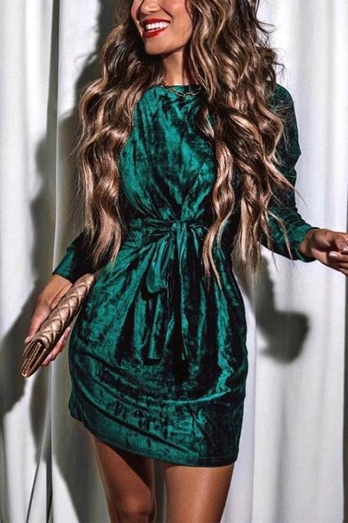 Moxidress Tie Waist Velvet Holiday Dress(in 4 Colors) PM1108 Green / S Official JT Merch
