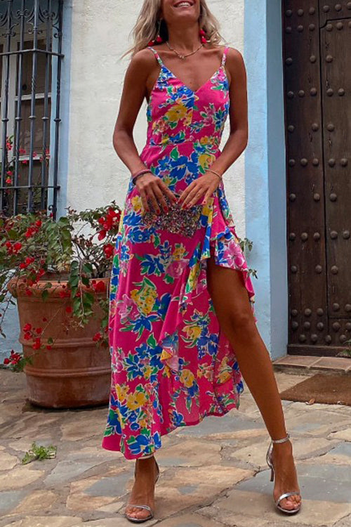 Moxidress V Neck Irregular Hem Printed Cami Holiday Dress PM1108 HotPink / S Official JT Merch